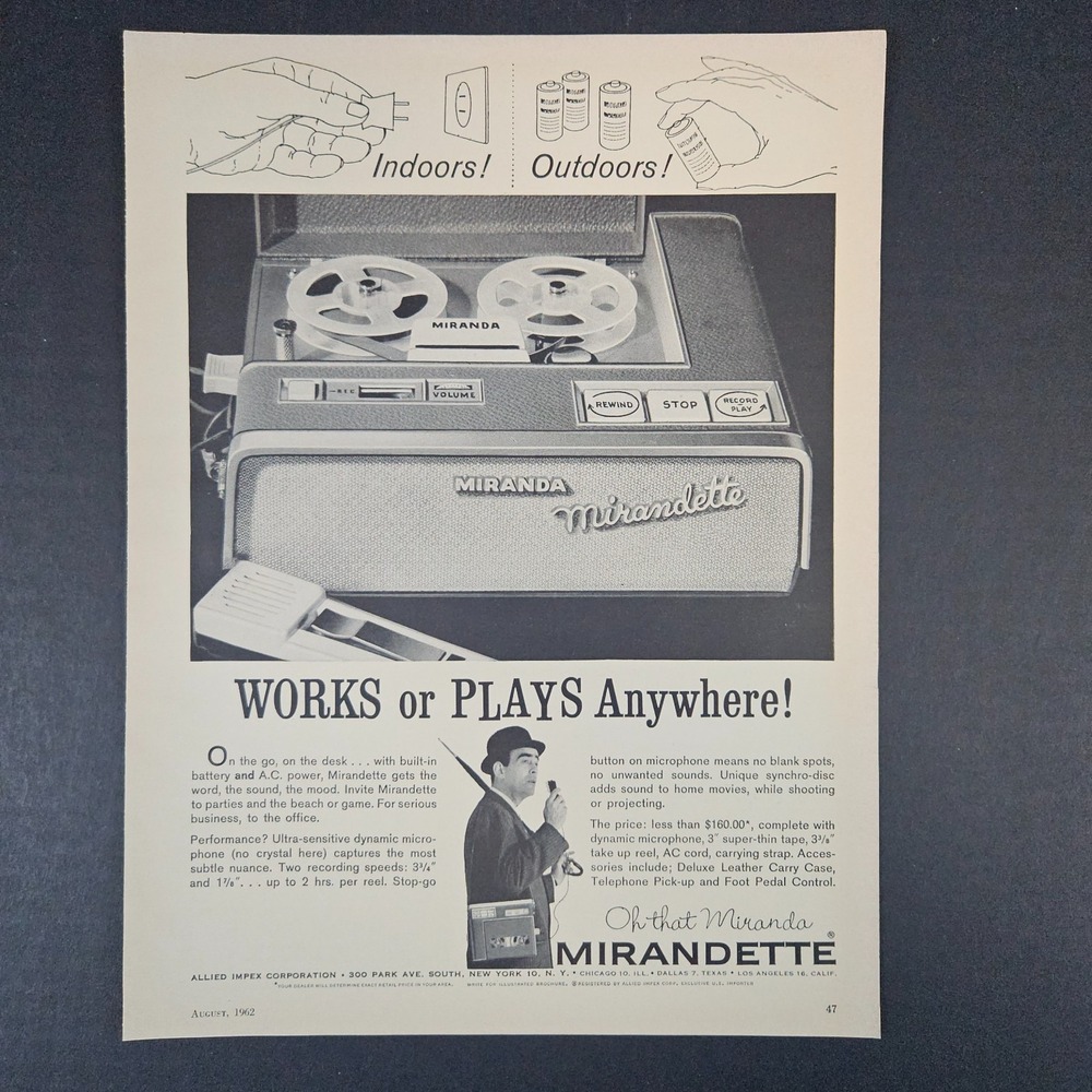 1962 Allied Impex Corp Mirandette Reel To Reel Audio Recorder Vintage Print Ad